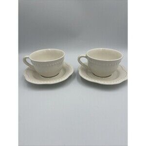 Pottery Barn Emma Beaded Ivory Colored Cup & Saucer Gifts Replacements Set of 2